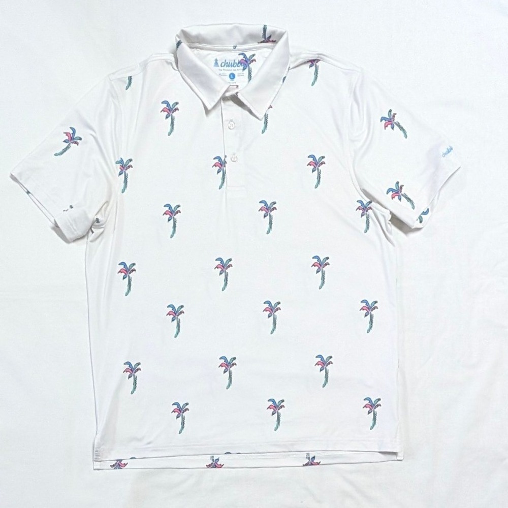 Chubbies Mens Large White Palm Tree Performance Polo Shirt Short Sleeve Stretch